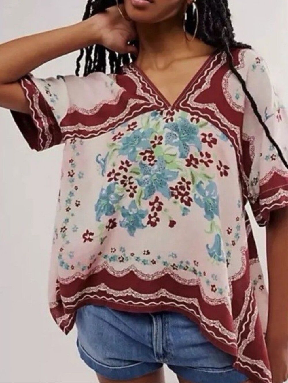 We The Free Washed In Flowers Linen Blend Billowy Boho V Neck Top Floral Small